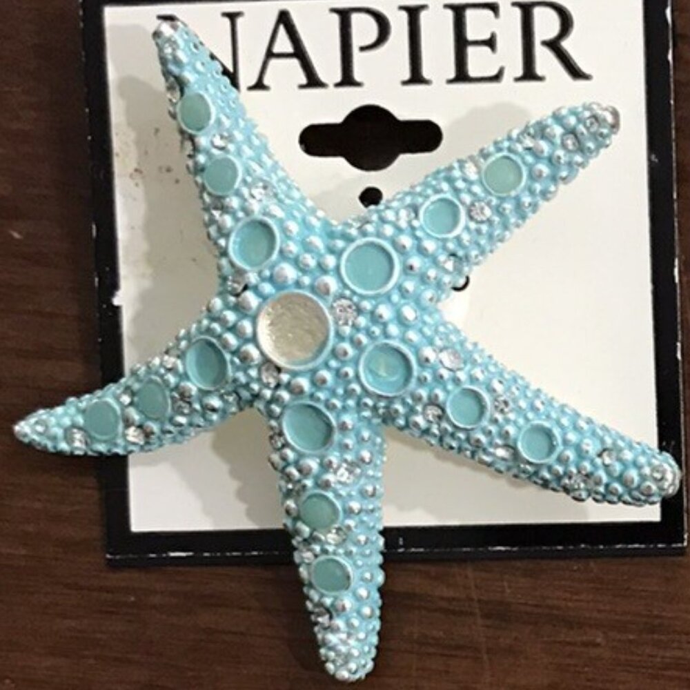 NAPIER Sea Lovers Starfish Silver Aqua Enamel Clear Crystal Brooch Pin